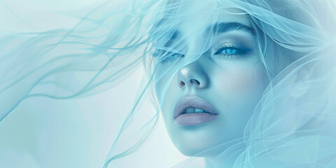 Dreamlike portrait of a woman with flowing blue and white hair, blending into soft clouds for a serene effect.
