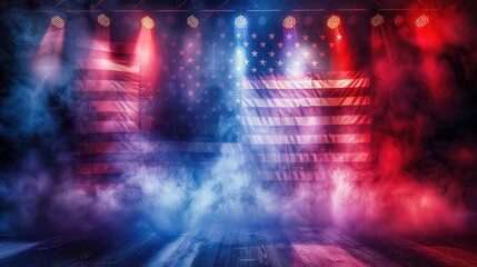 American flag draped in fog and illuminated by stage lights.