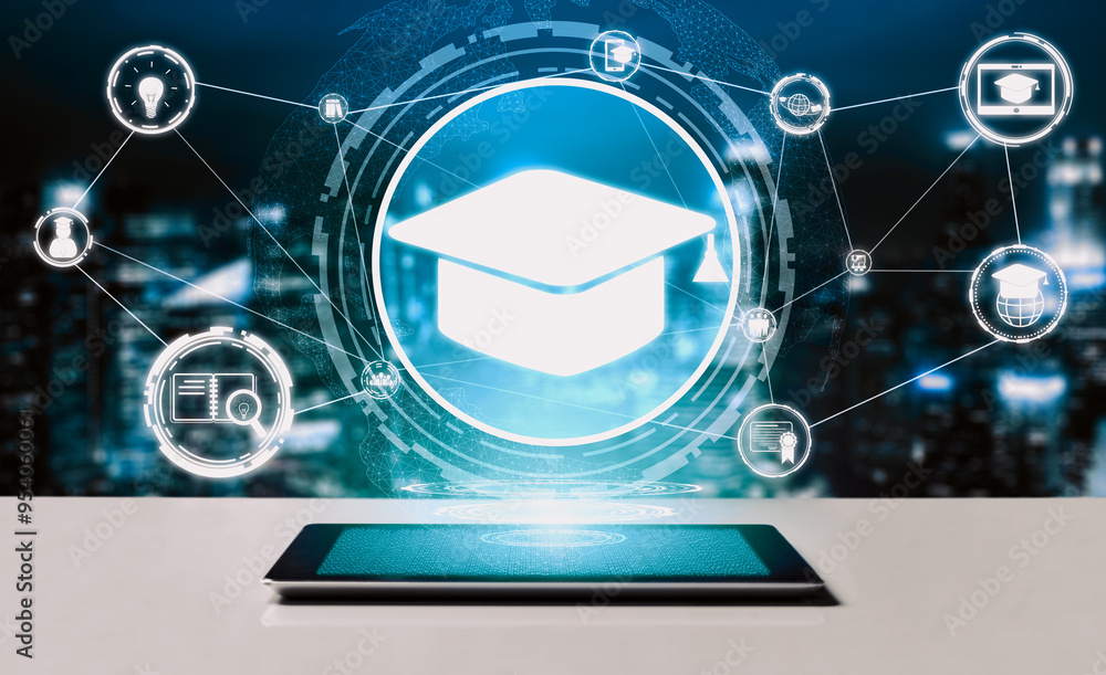 Poster e-learning and online education for student and university concept. graphic interface showing techno