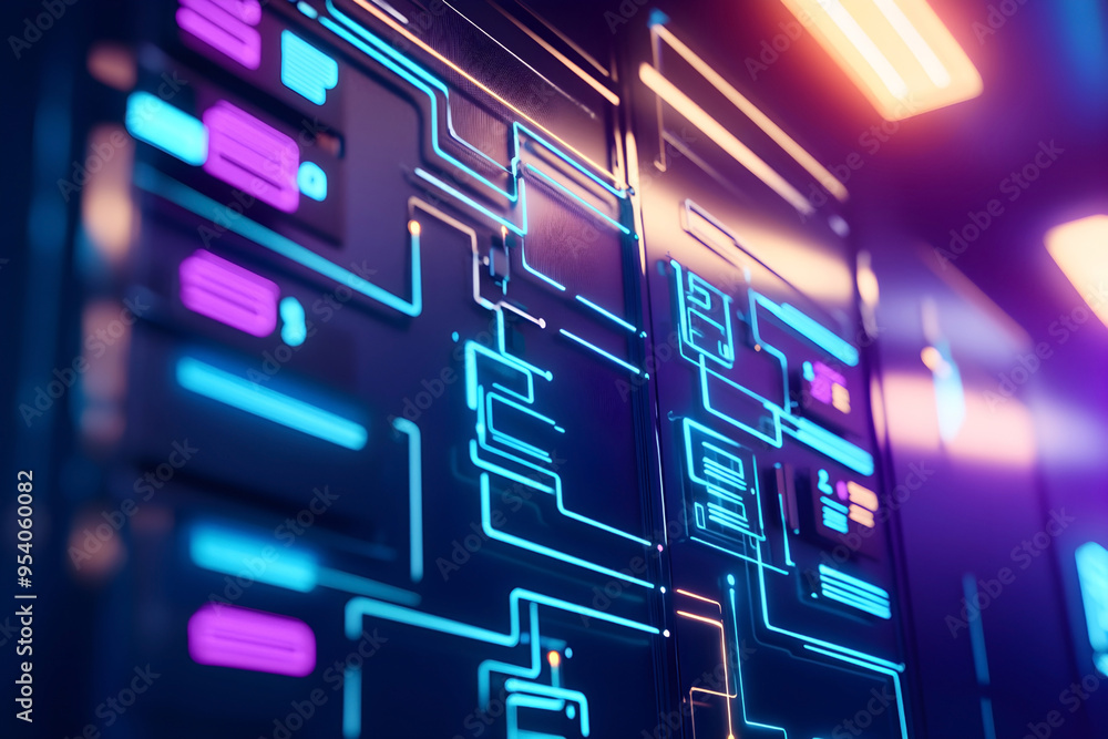 Poster futuristic circuit board with glowing neon lines and patterns, showcasing advanced technology and di