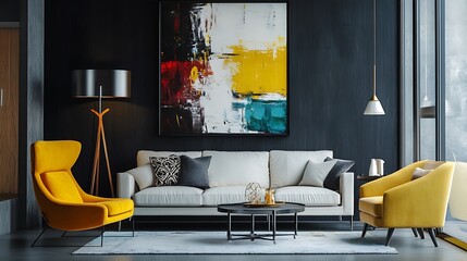 Modern Living Room with Yellow Accent Chairs and Abstract Artwork