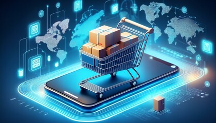 Illustration of a miniature shopping cart placed on a smartphone, filled with branded product boxes, in an abstract environment representing global connectivity. Generative AI