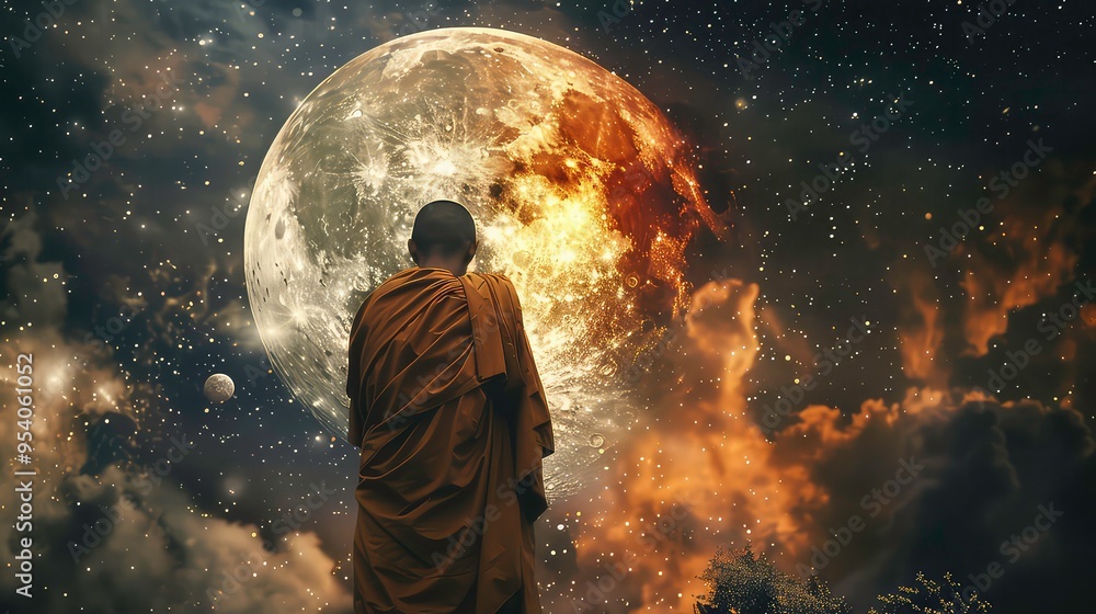 Canvas Prints a monk stands in front of a large, glowing moon and a vast, starry sky.