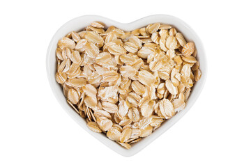 Oat flakes in ceramic bowl isolated on white background with full depth of field. Top view. Flat lay