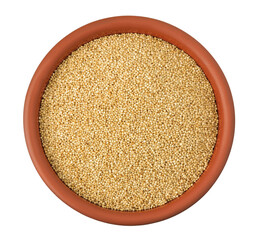 Amaranth grain seeds in ceramic bowl isolated on white background. Top view. Flat lay
