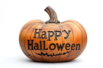 Carved wooden Halloween pumpkin, with the words "Happy Halloween" engraved on it, against a white background, in a front-facing view