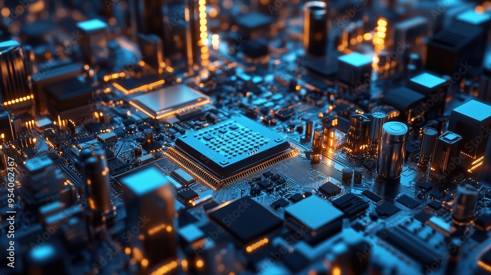 Poster futuristic technology concept showcasing advanced microchip and circuitry
