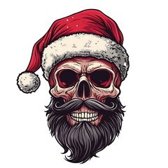 Fototapeta premium Skull with beard and mustache in a Santa Claus hat, vector illustration on a white background. art logo, simple design, high resolution, t-shirt print artwork, bold outlines