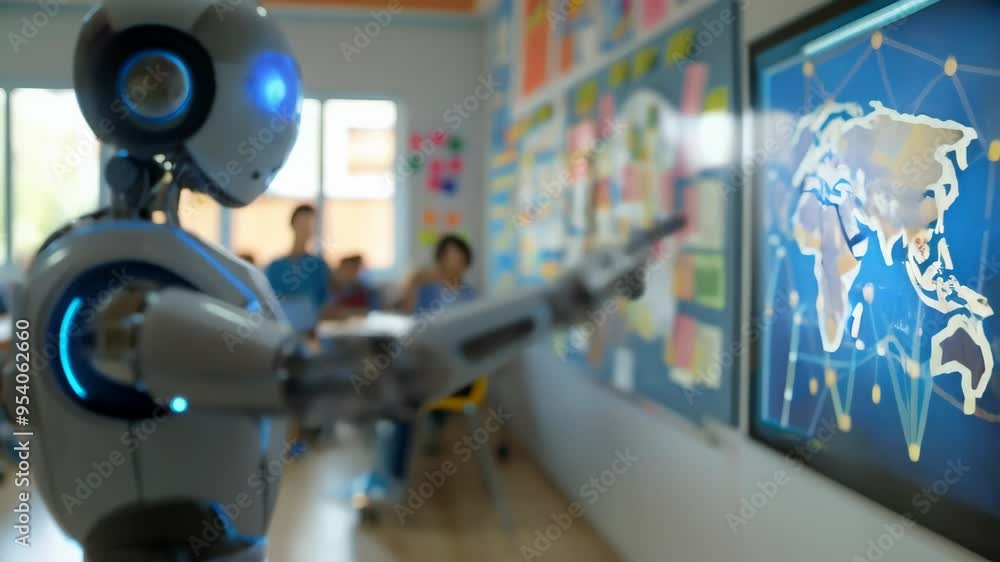 Aufkleber AI-powered robot teacher pointing at a digital world map in a futuristic classroom, representing the integration of robotics in education. Technology and modern learning