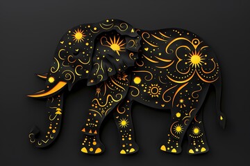 Obraz premium Gold Indian elephant with golden ornament and stars on black background. Ganesh Chaturthi. Diwali. Elephant festival in India. illustration in tribal or boho style for design