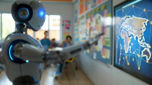 AI-powered robot teacher pointing at a digital world map in a futuristic classroom, representing the integration of robotics in education. Technology and modern learning