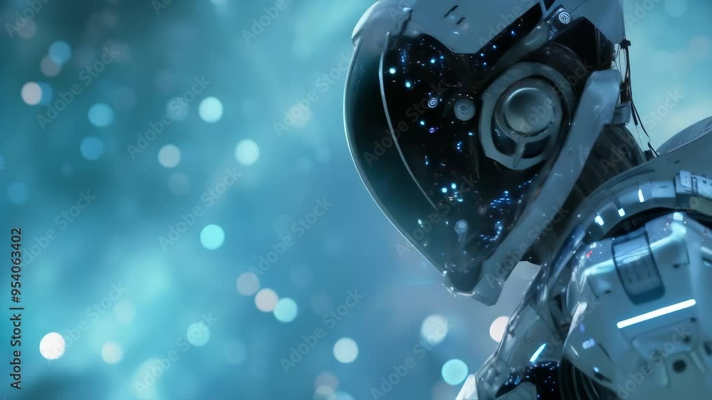 Poster Futuristic robot in a space suit with a glowing helmet, exploring a digital starry environment.