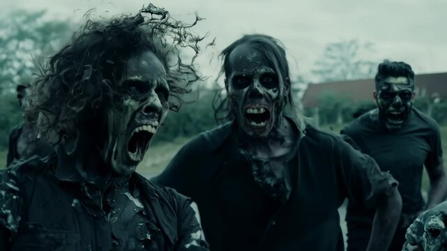 Group of terrifying zombies emerges in an abandoned town, showcasing their chilling appearance and aggressive behavior in the late afternoon light