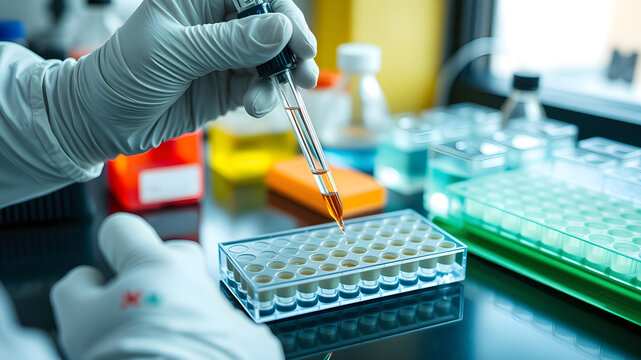 Pipetting the sample into a well plate in a biological research laboratory. Generative AI