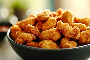 Bowl overflowing with crispy crunchy popcorn chicken