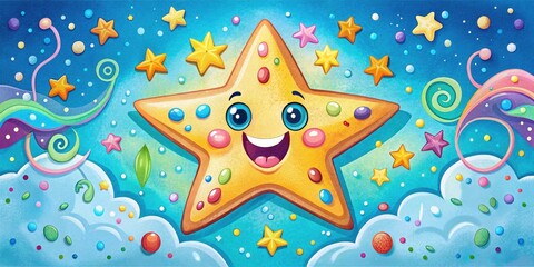 Colorful, whimsical illustration of a smiling, sparkly, five-pointed star character with bright blue eyes and a cheerful grin, surrounded by swirling clouds and confetti.