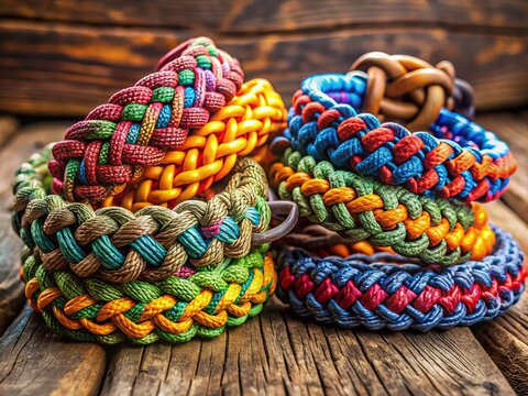 Colorful woven paracord bracelets with intricate knots and patterns adorn a rustic wooden background, showcasing