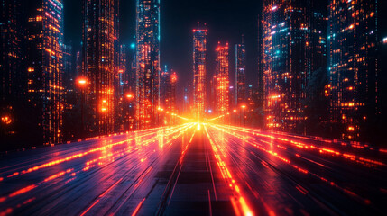 A futuristic cityscape with glowing neon lights and holographic screens, creating a dynamic and modern background for tech content.