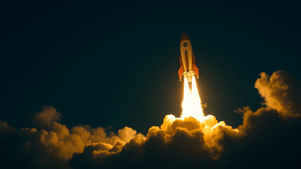 Fototapeta premium Rocket launching from clouds at night depicting startup business. Generative AI