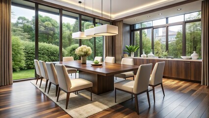 Obraz premium Contemporary dining room with sleek dark wood table, white leather chairs, and floor-to-ceiling windows flooded with