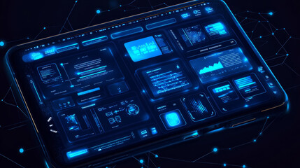 Obraz premium This image concept features a designer meticulously crafting a unique user interface for a mobile application. The scene is bathed in a blue neon glow, highlighting the modern and futuristic approach 