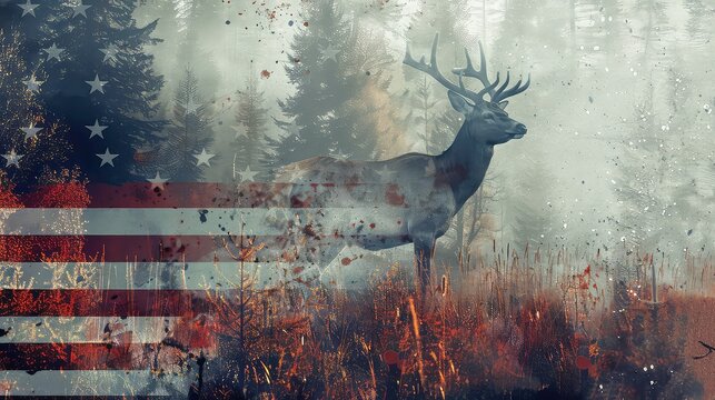 A majestic elk stands in a foggy forest, with an abstract American flag overlay.