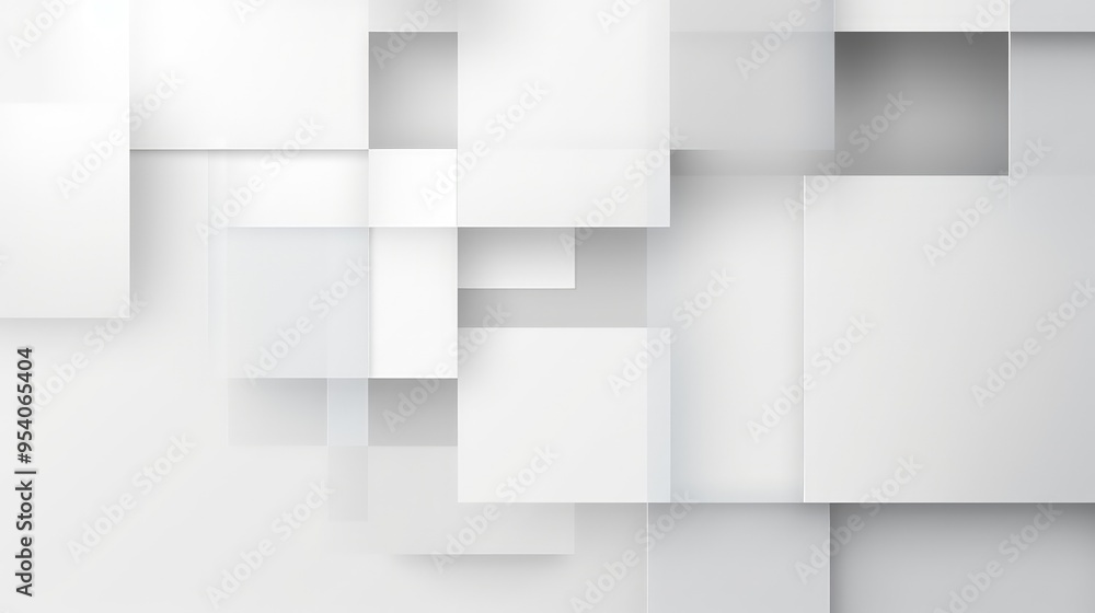 Poster a modern, abstract composition of overlapping white squares on a light background, creating a sense 