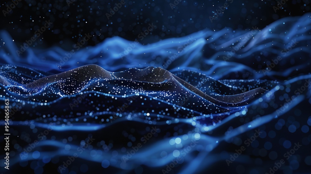 Poster a mesmerizing abstract representation of waves and particles, evoking a sense of depth and movement 