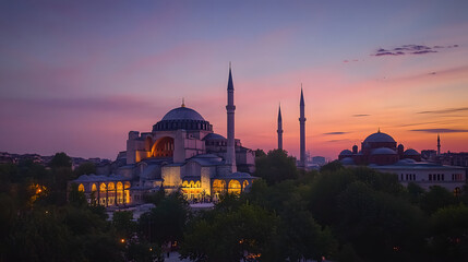 Obraz premium Istanbuls Hagia Sophia with the Blue Mosque in the background at twilight.