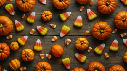 View from above of a wood table featuring candy corn and decorative pumpkins, perfect for autumn.