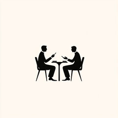  Minimalistic black-and-white silhouette logo of people in a business meeting or discussion around a table, emphasizing teamwork and collaboration in a simple, clean design