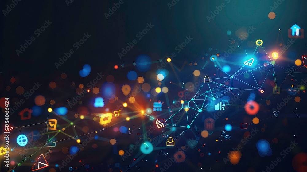 Poster abstract digital network background with glowing lights and icons.