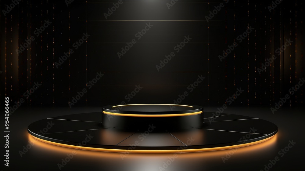 Poster a modern, illuminated stage design featuring a circular platform with ambient lighting, suitable for