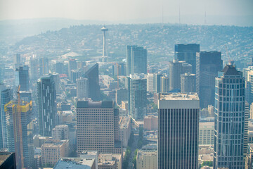 Fototapeta premium Aerial view of Seattle skyline on a sunny day, WA