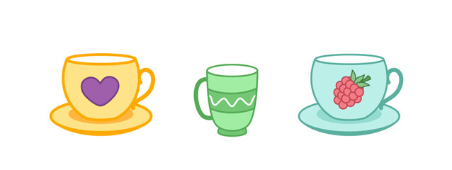 Cup and saucer. Set of cartoon cups. Cartoon, vector