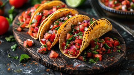 Three tacos with tomatoes and onions on a black plate. The tacos are garnished with lime and cilantro