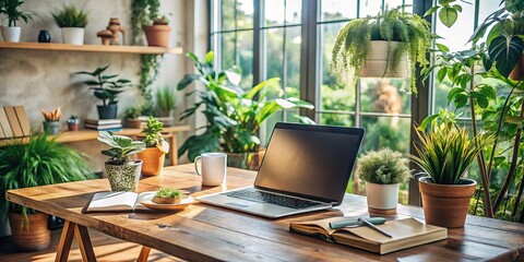 Cozy home workspace setup features a modern laptop computer on a wooden desk surrounded by plants, notebooks, and