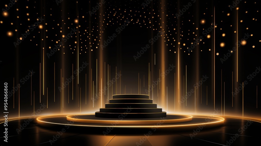 Poster a sleek stage design illuminated with golden lights, creating a dramatic backdrop for presentations 