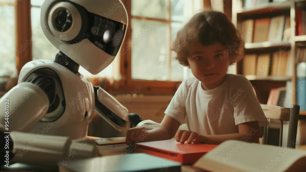 Poster Cute robot assisting a child with studies in a cozy home environment. Concept of AI in education and the future of learning with technology.