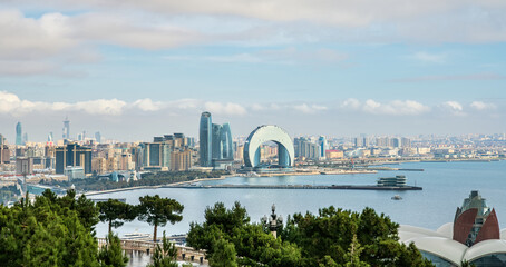 Baku, Azerbaijan - November 19, 2023. View of the Baku bay from the upland park.
