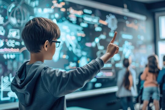 A boy pointing at a board with math equations on it, generative ai image