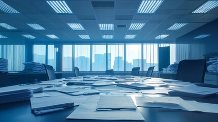 Free photo empty company meeting room with papers in business office, workstation filled with important
