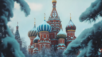 Moscows Saint Basils Cathedral in Red Square during winter with snow.