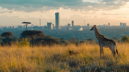 Nairobis skyline with the Nairobi National Park and wildlife in the foreground.