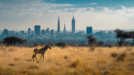 Nairobis skyline with the Nairobi National Park and wildlife in the foreground.