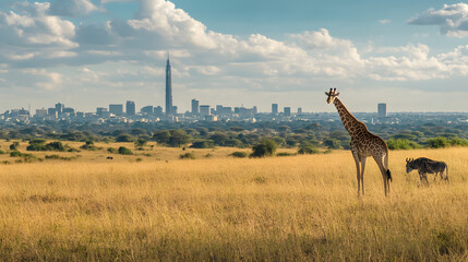 Nairobis skyline with the Nairobi National Park and wildlife in the foreground.