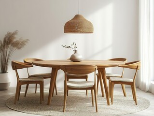 Stylish wooden dining table with modern chairs in an elegant room pictures