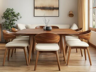 Elegant modern wooden dining table with stylish chairs in a cozy setting pictures