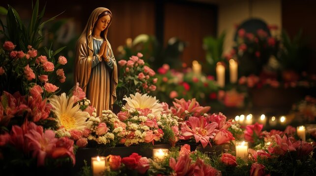 The Christian altar showcases a beautifully adorned Virgin Mary statue, surrounded by vibrant flowers and flickering candles, in honor of Las Posadas and Assumption festivities.
