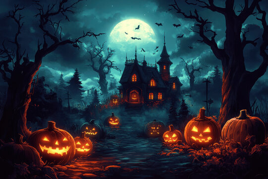 Halloween pumpkin head jack lantern with burning candles, Spooky Forest with a full moon and wooden table, Pumpkins In Graveyard In The Spooky Night - Halloween Backdrop.